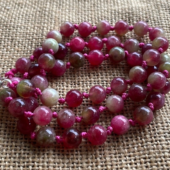 Natural Pink Tourmaline Crystal Stone Beads Knotted Necklace Handmade Am… - Picture 5 of 5